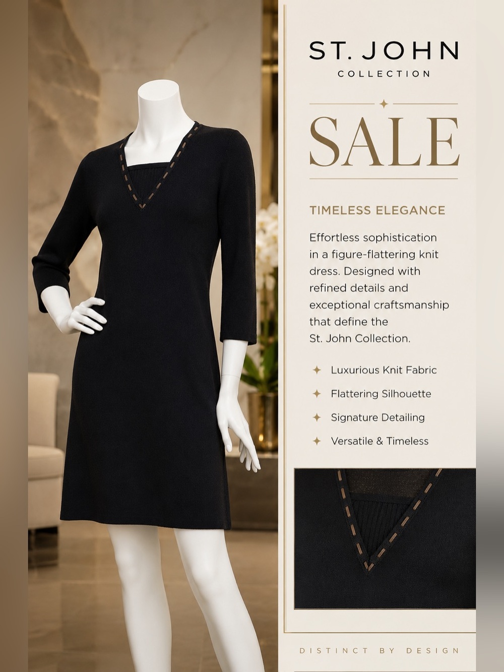 St. John Black Midi Dress with Brown Leather Trim